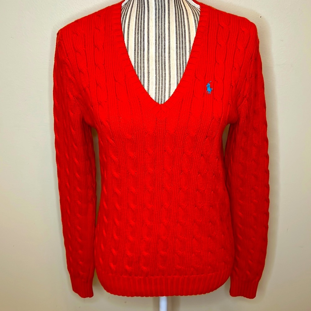 Ralph Lauren Sport cable knit v-neck sweater 100% cotton, Large